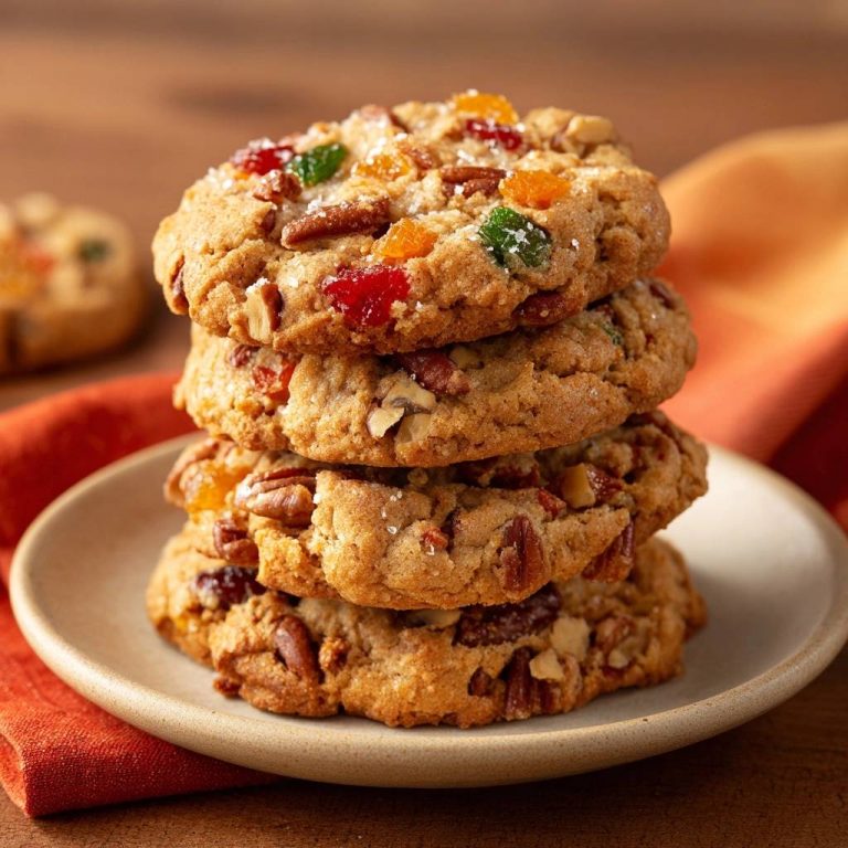 Chewy pecan candied fruit cookies recipe shown in a close-up stack highlighting the colorful fruit and nut inclusions.
