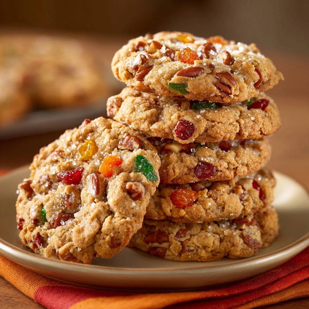 Chewy pecan candied fruit cookies stacked high on a plate, showcasing colorful fruit and nuts.