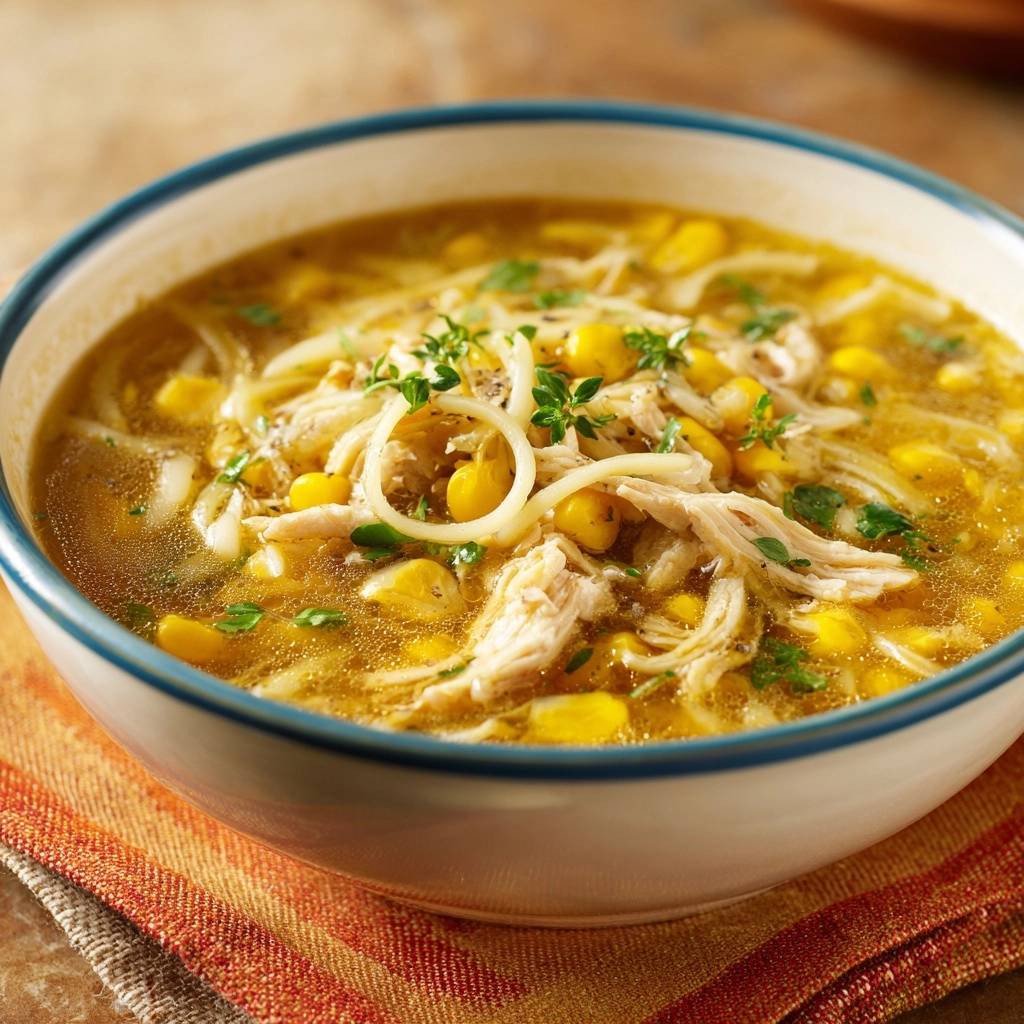 Chicken corn noodle soup in a bowl, showcasing tender shredded chicken, corn kernels, and al dente noodles with fresh herbs.