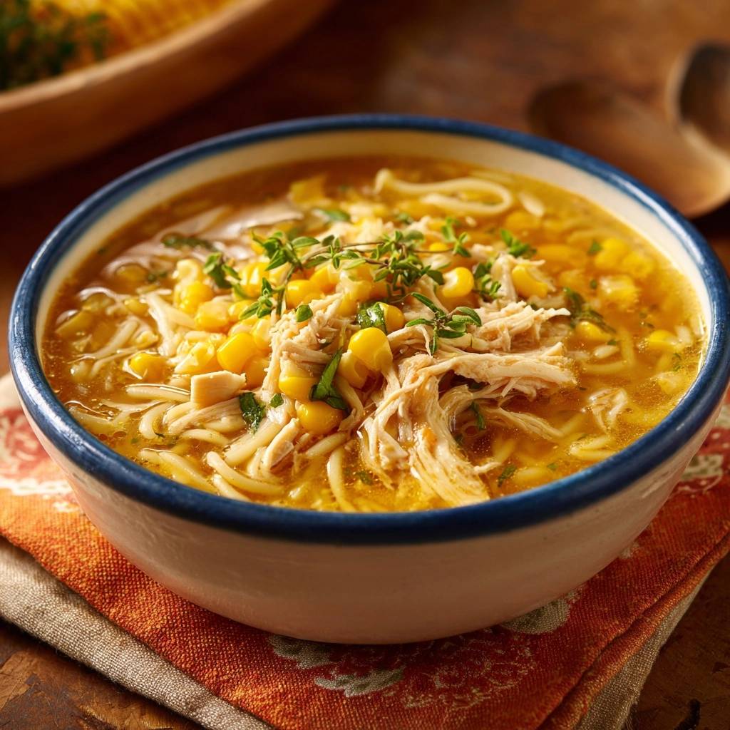 Chicken corn noodle soup with shredded chicken, corn, and noodles, garnished with fresh herbs in a blue-rimmed bowl.