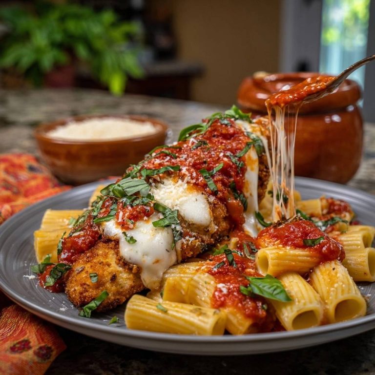 Chicken Parmesan over Rigatoni with a dramatic cheese pull from a spoon, showcasing melted mozzarella and marinara sauce.