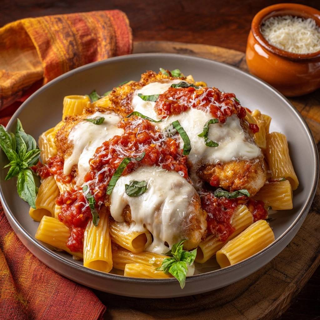 Chicken Parmesan over Rigatoni with a generous topping of melted mozzarella and rich marinara sauce.