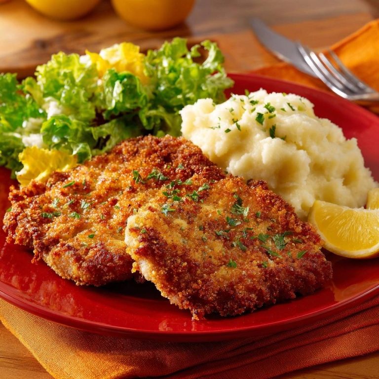 Crispy chicken schnitzel with mashed potatoes and a side salad served on a red plate with a lemon wedge.