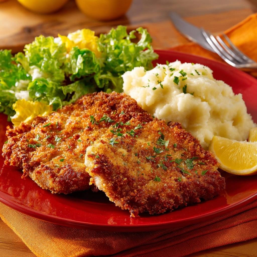 Crispy chicken schnitzel with mashed potatoes and a side salad served on a red plate with a lemon wedge.