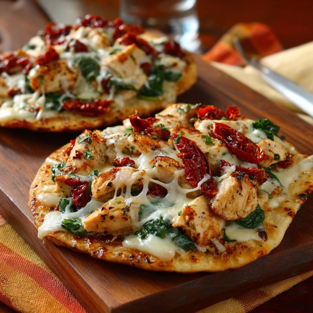 Chicken spinach sun-dried tomato flatbread recipe shown in a close-up with melted, gooey cheese stretching over the toppings.