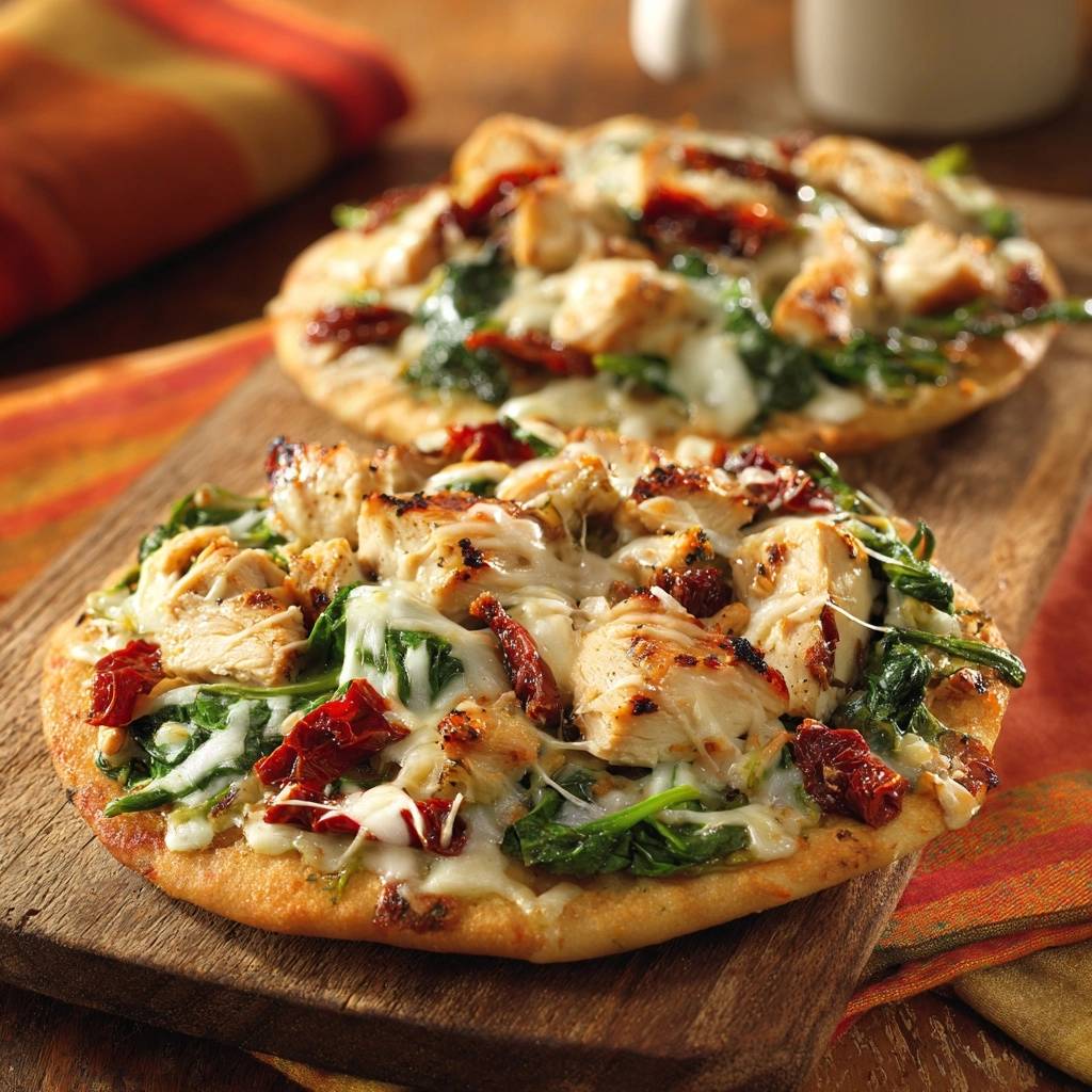 Chicken spinach sun-dried tomato flatbread recipe shown in a close-up view highlighting the toppings and melted cheese.