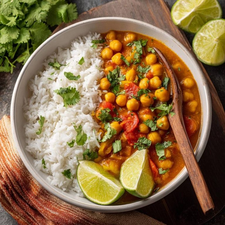 Chickpea curry rice bowl with thick, restaurant-style sauce, featuring a wooden spoon scooping the hearty chickpea and tomato curry.