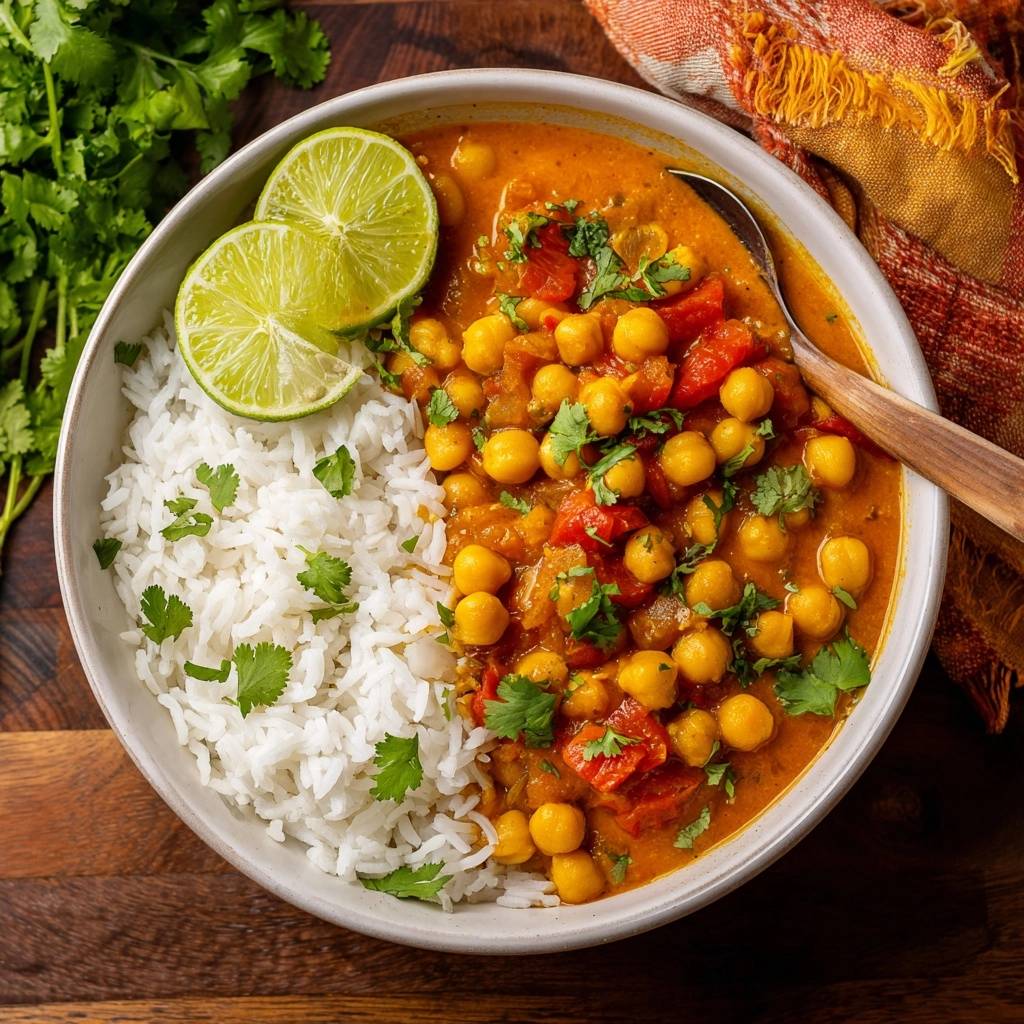Chickpea curry rice bowl with thick restaurant-style sauce, overhead view showcasing fresh cilantro garnish and lime wedges.