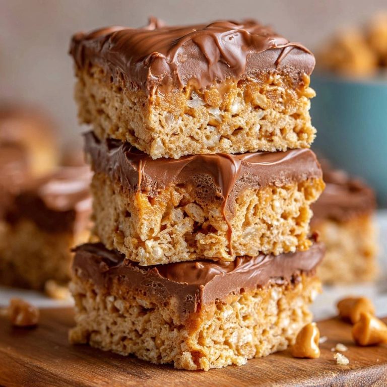 Chocolate caramel crunch rice krispie treats stacked high, showing a close-up of the gooey caramel and chocolate topping.