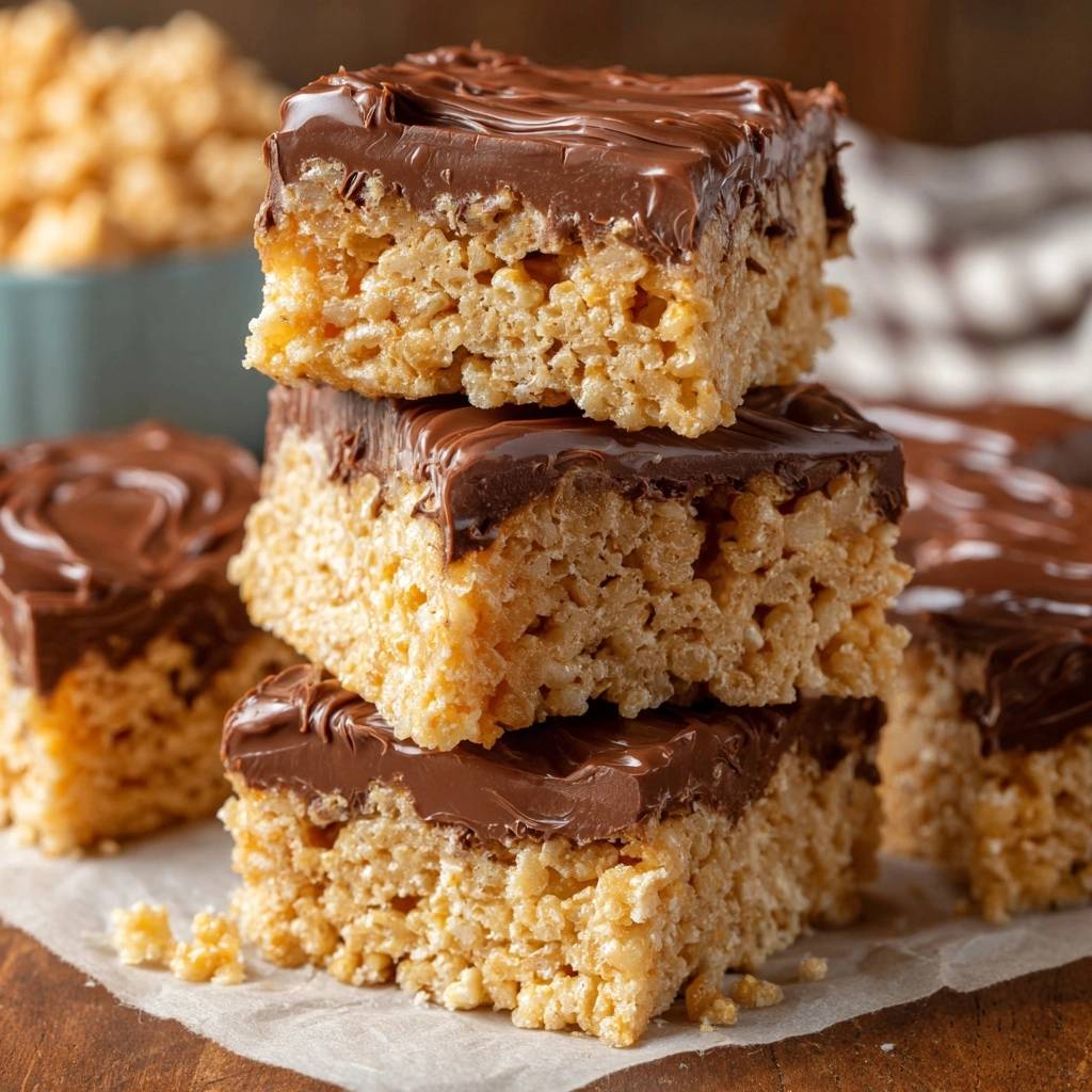 Chocolate caramel crunch Rice Krispie treats stacked in a close-up view, showcasing the layers of cereal and chocolate topping.