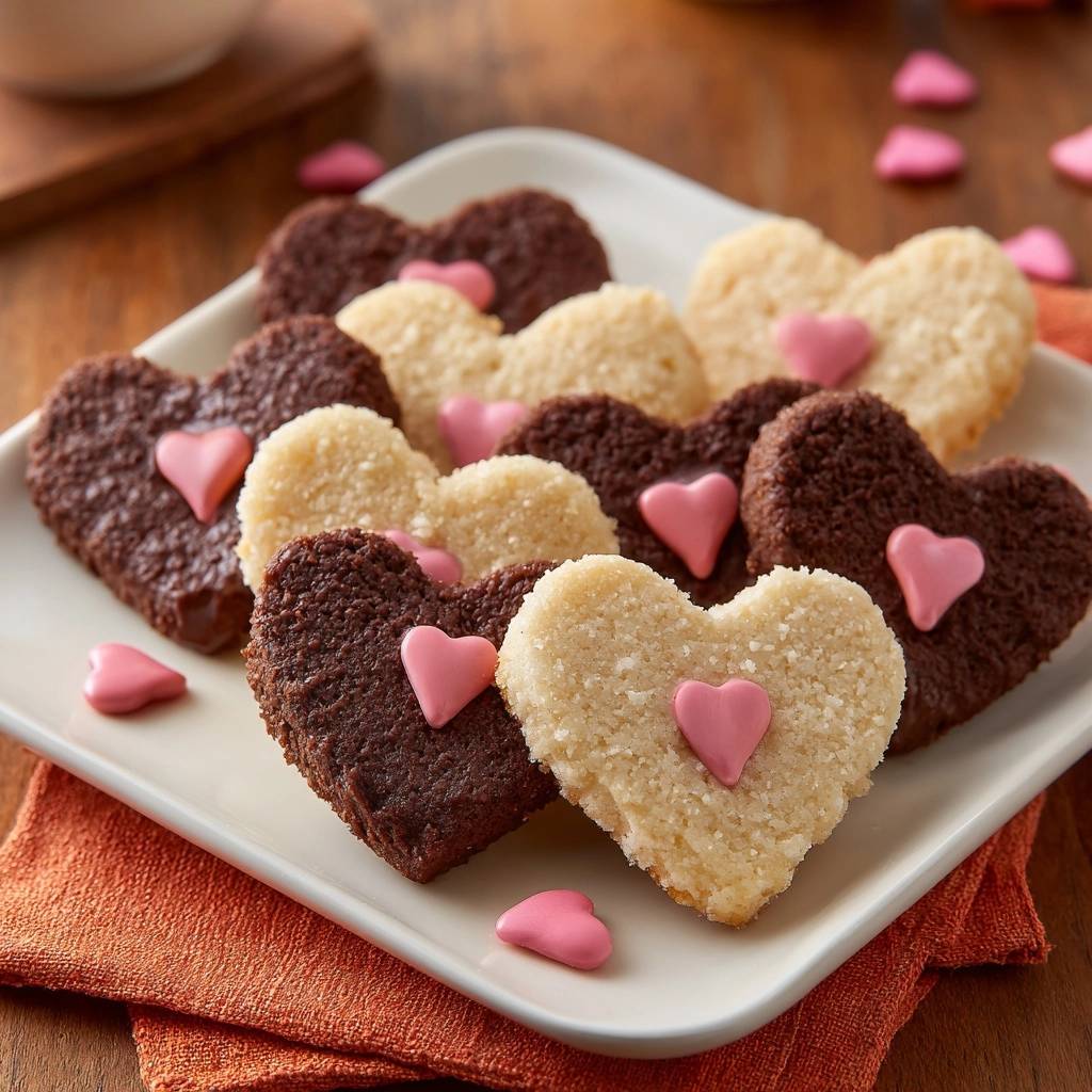 Chocolate-dipped heart coconut macaroons recipe shown plated with pink candy hearts, a close-up view.