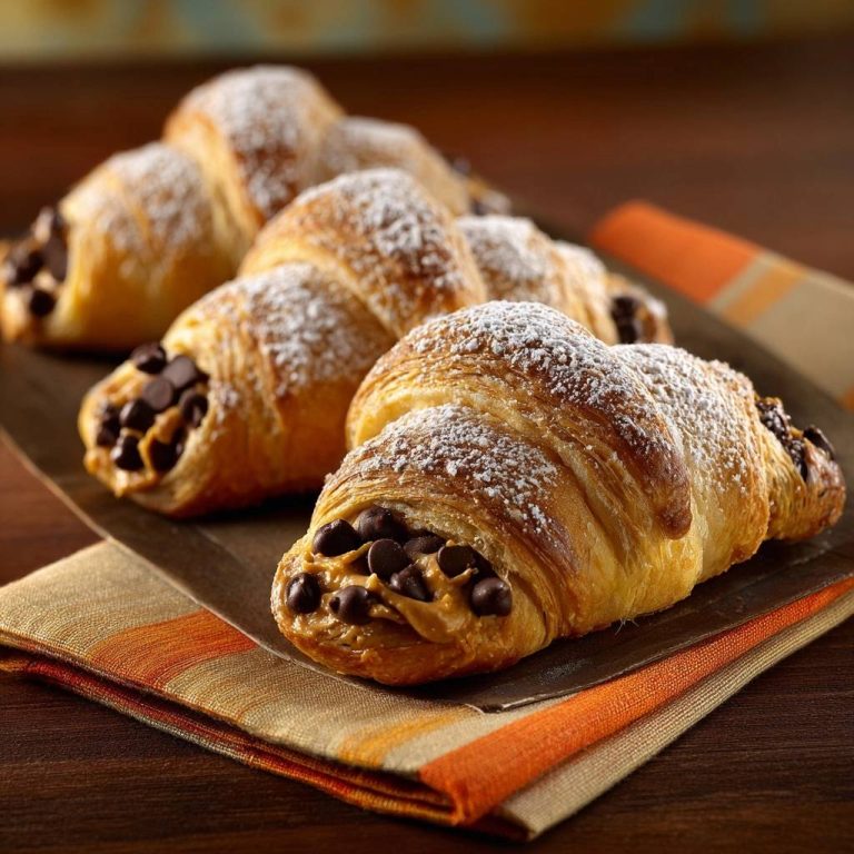 Chocolate peanut butter croissants close-up showing the flaky pastry and generous peanut butter and chocolate chip filling.