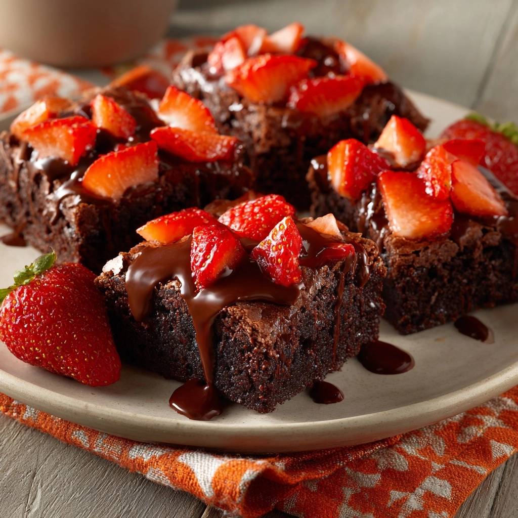 Fudgy chocolate strawberry brownies recipe served plated with a close-up view of rich chocolate glaze and fresh strawberries.