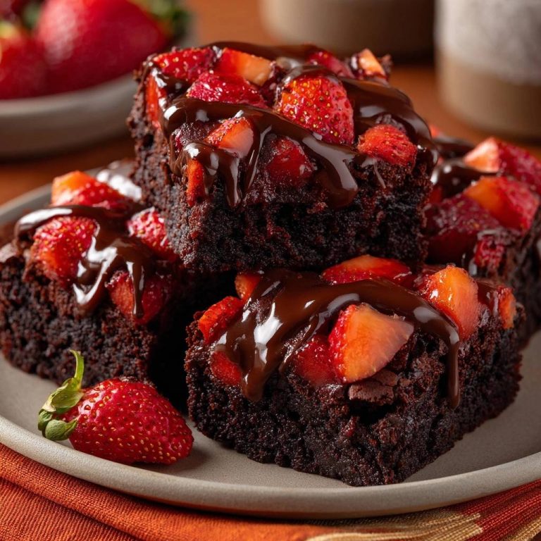 Fudgy chocolate strawberry brownies stacked and drizzled with rich chocolate glaze on a plate.