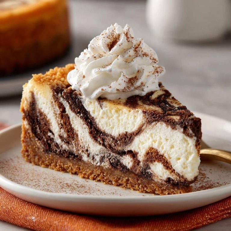Chocolate swirl cheesecake served as a plated slice topped with whipped cream and cinnamon dusting.