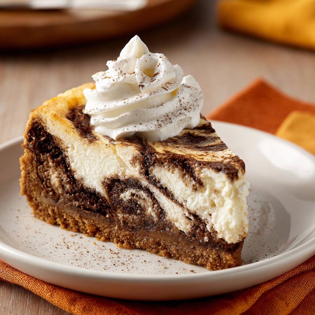 Chocolate swirl cheesecake served as a single slice, topped with whipped cream and dusted with cocoa.
