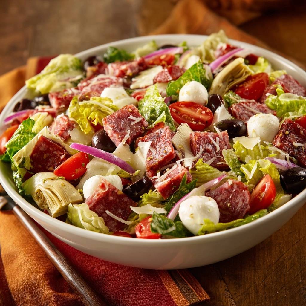 Chopped antipasto salad with salami, mozzarella, and artichoke hearts in a white bowl, presented in a close-up view.