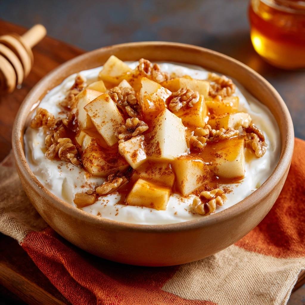 Cinnamon apple walnut yogurt bowl with a glistening honey drizzle and walnuts, showcasing a close-up view of the toppings.