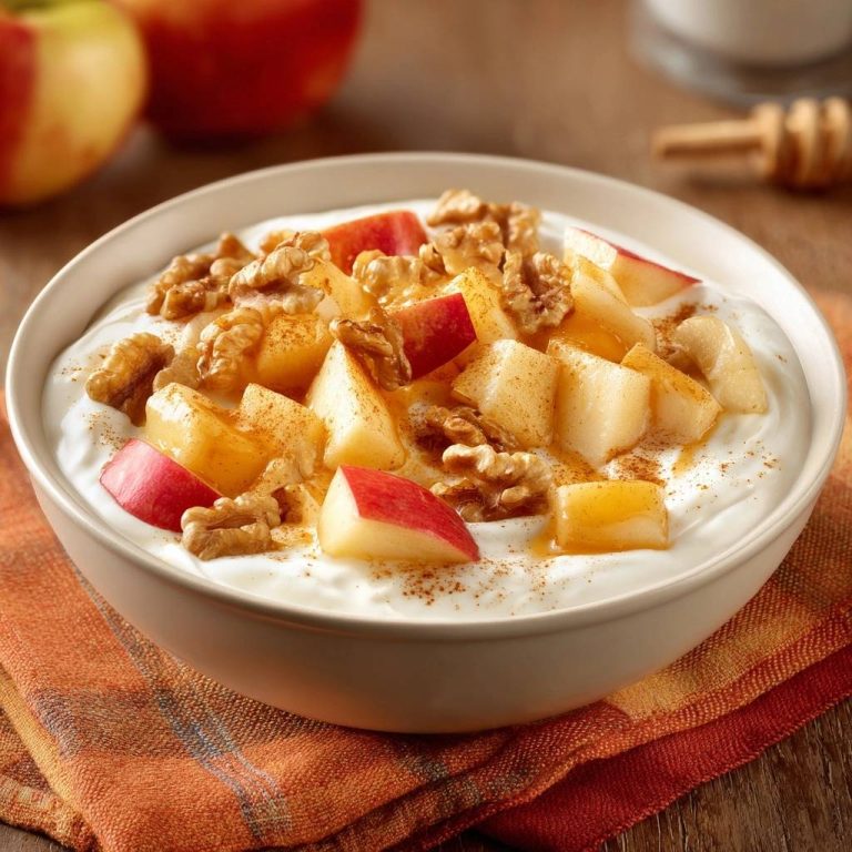Cinnamon apple walnut yogurt bowl with a drizzle of honey and sprinkled cinnamon on top.