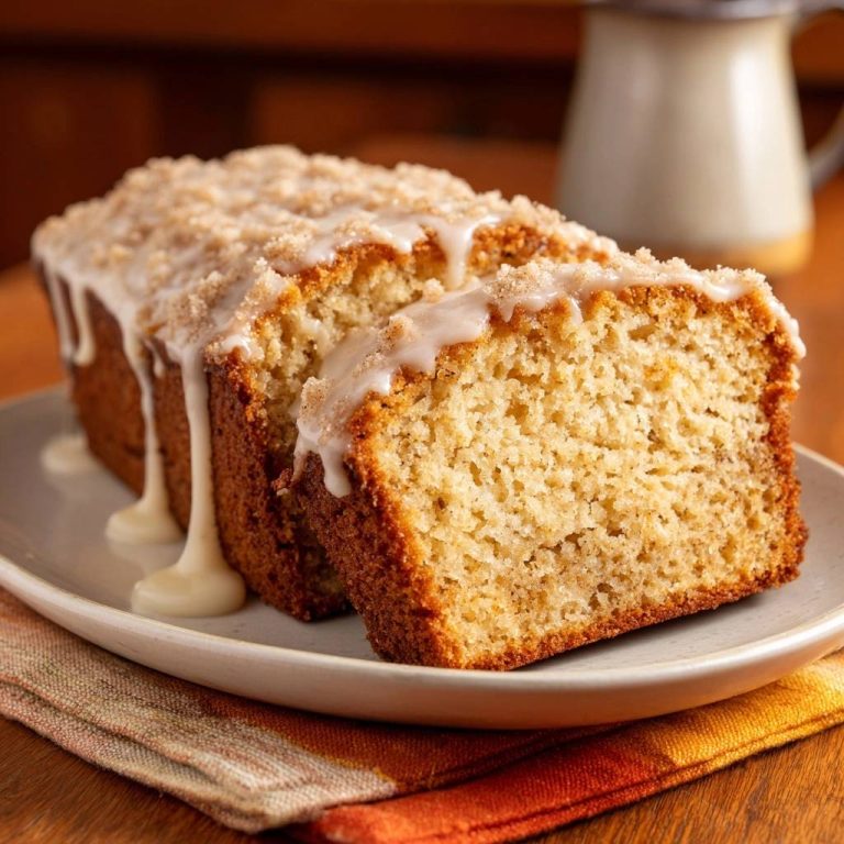 Cinnamon crumb loaf cake with crunchy streusel topping, shown sliced close-up with glaze dripping.