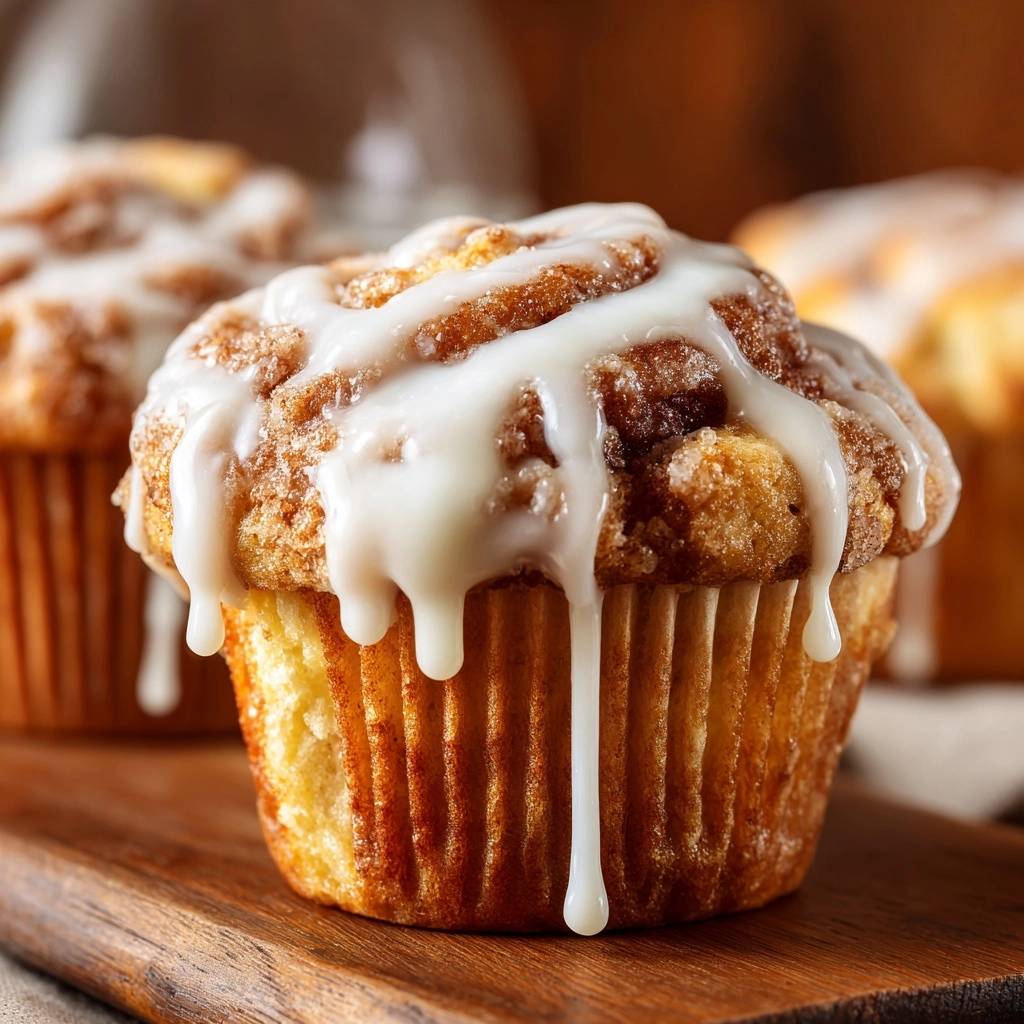 Cinnamon roll muffins with guaranteed fluffy rise, generously drizzled with sweet white glaze dripping down the sides.