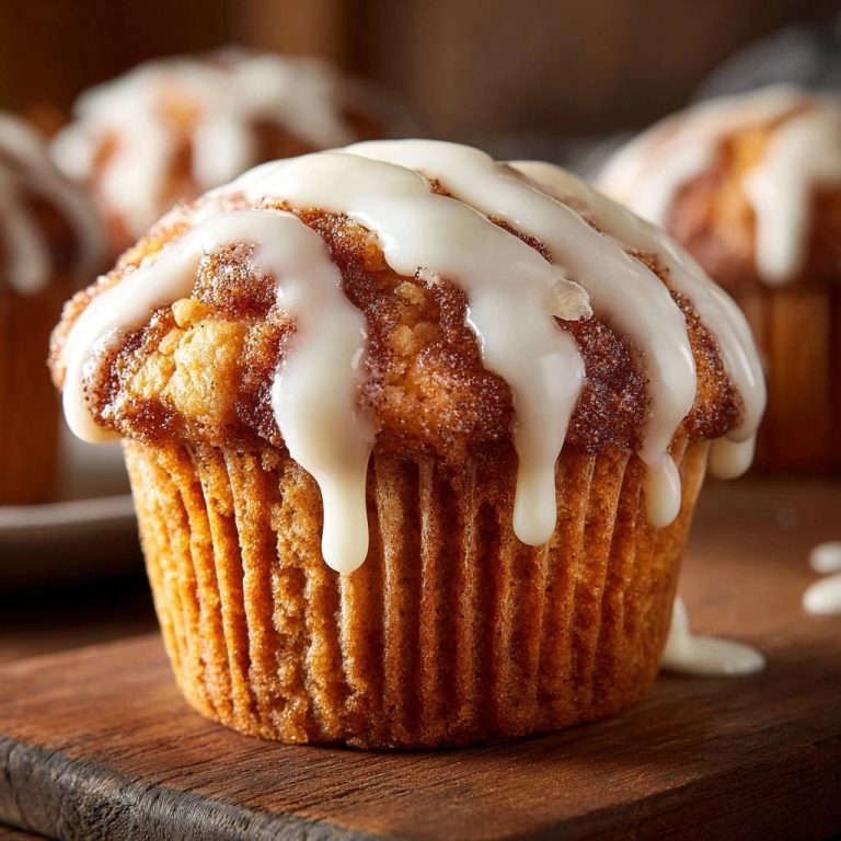 Cinnamon roll muffins with a thick white glaze dripping down the side, showcasing their fluffy texture.