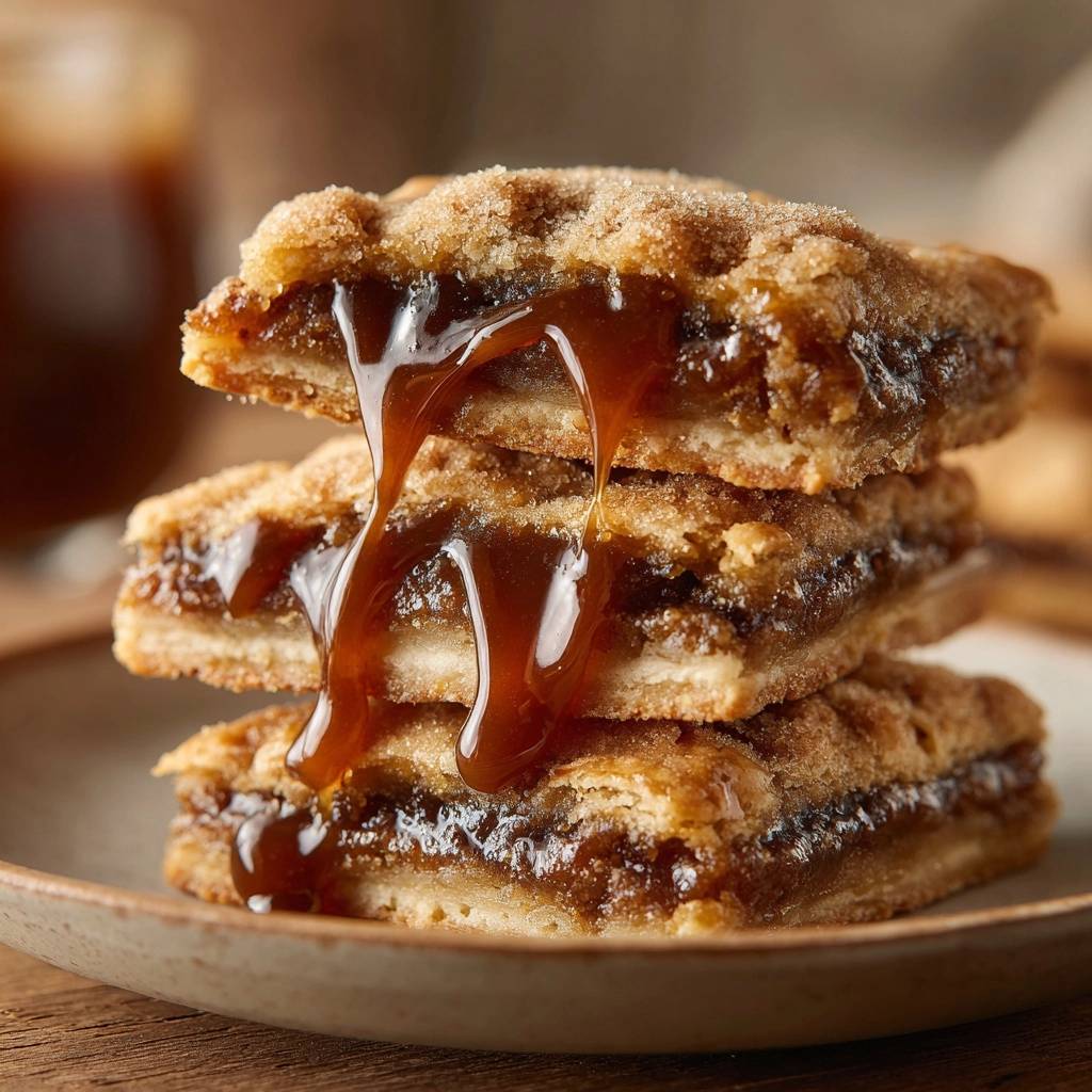 Cinnamon sugar date bars with gooey filling shown in a close-up cross-section with caramel dripping down.