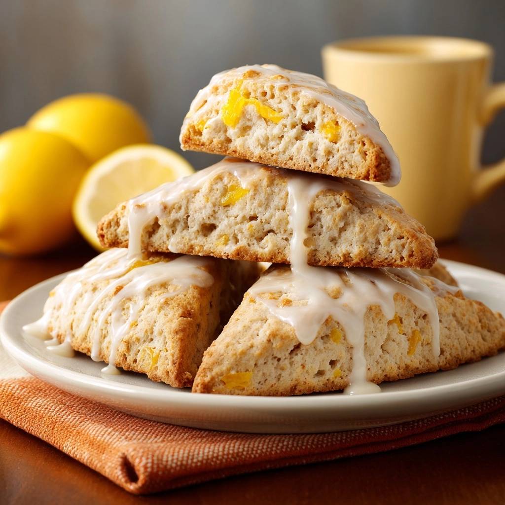 Citrus glazed scones with flaky layers stacked to reveal a close-up cross-section of their tender interior.