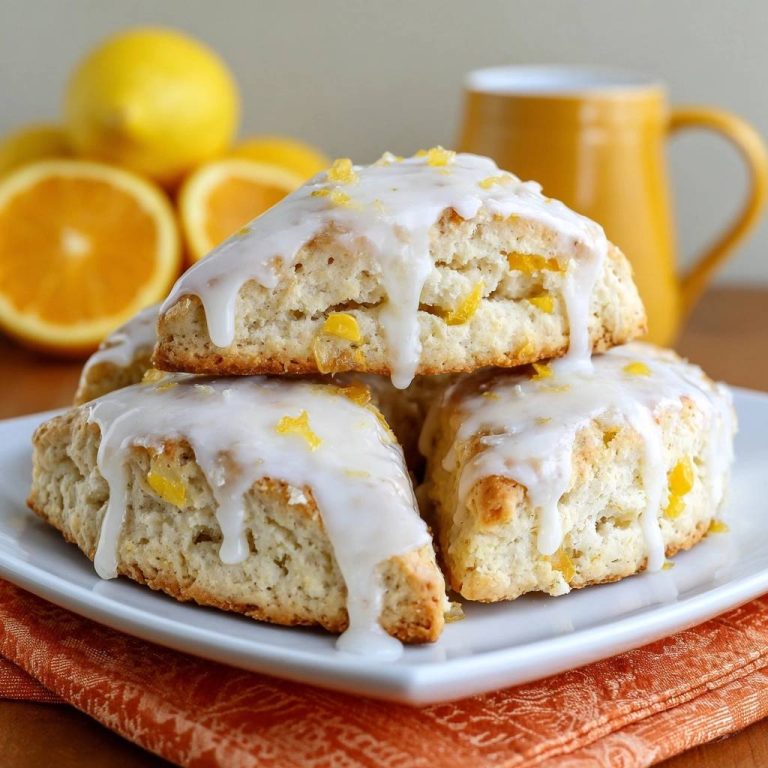 Citrus glazed scones with flaky layers stacked on a white plate, drizzled with icing and topped with zest.