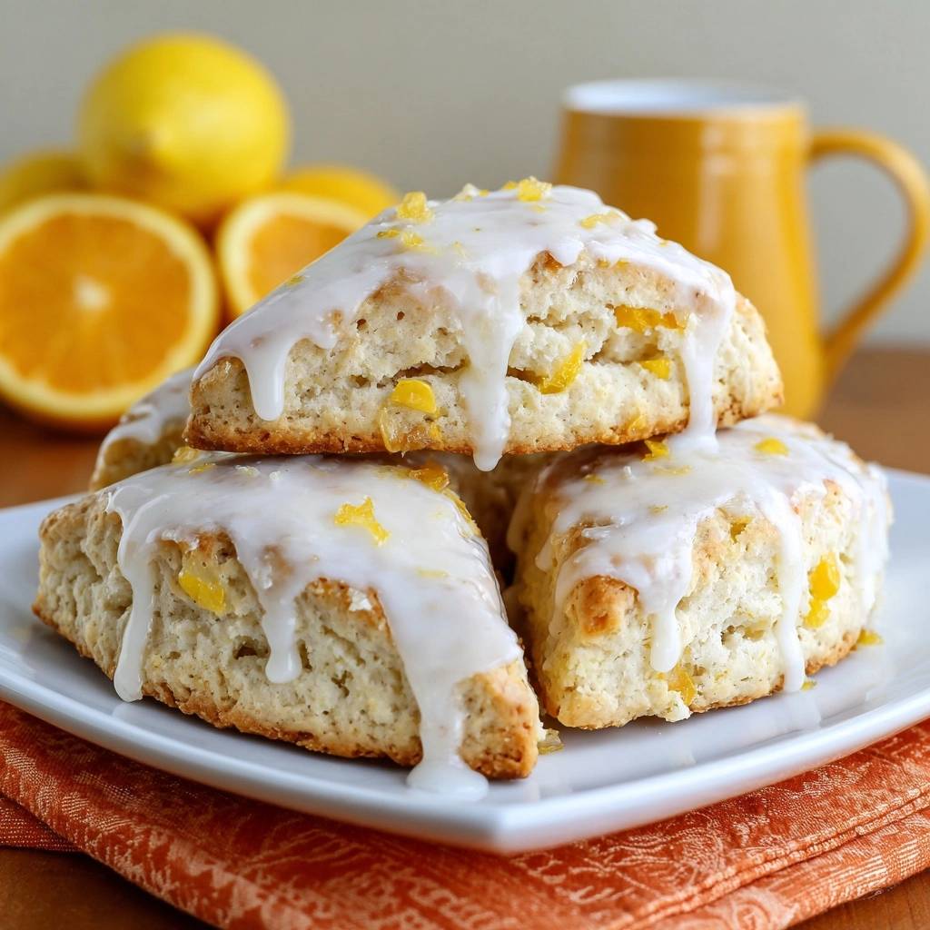 Citrus glazed scones with flaky layers stacked on a white plate, drizzled with icing and topped with zest.