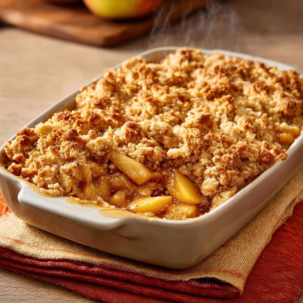Classic apple crisp with a golden crumb topping, showing steam rising from the freshly baked dessert in a baking dish.