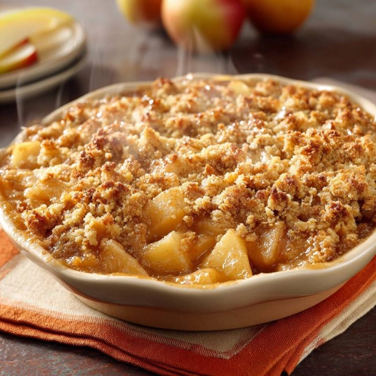 Classic apple crisp with a golden crumb topping, showing steam rising from the baked fruit.
