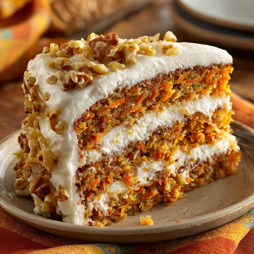 Classic carrot cake cross-section with fluffy cream cheese frosting and chopped walnuts on top.