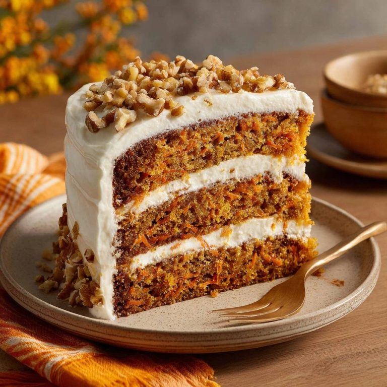 Classic carrot cake cross-section with fluffy crumb, cream cheese frosting, and walnuts on a plate.