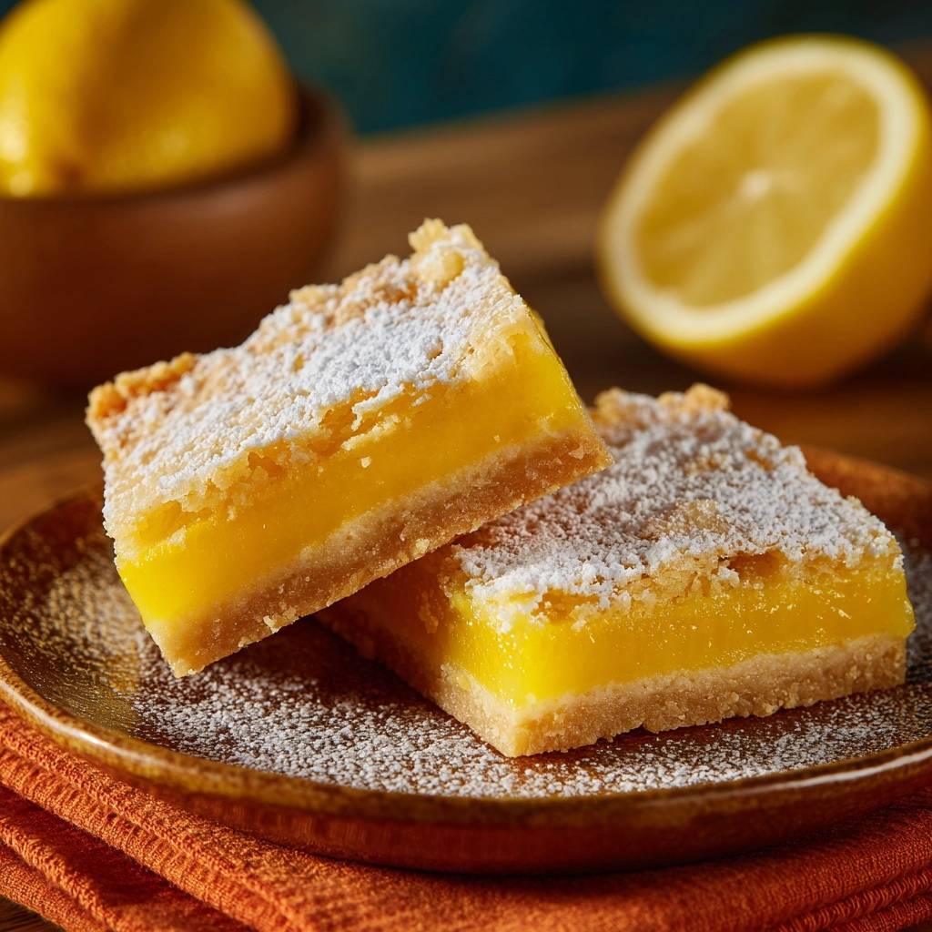 Classic lemon bars with perfectly set filling shown in a close-up cross-section view, dusted with powdered sugar.