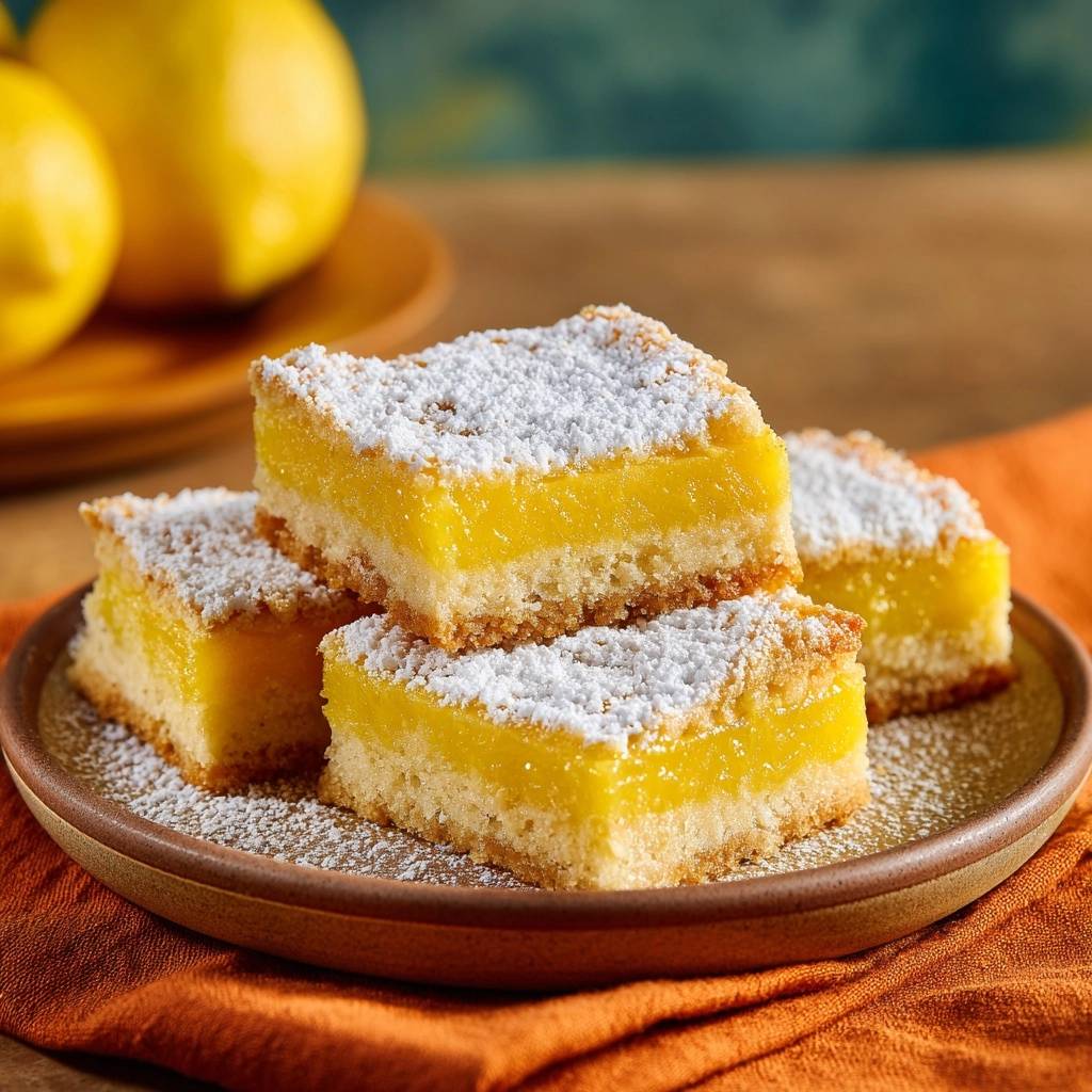 Classic lemon bars with a perfectly set filling, stacked on a rustic plate and dusted with powdered sugar.