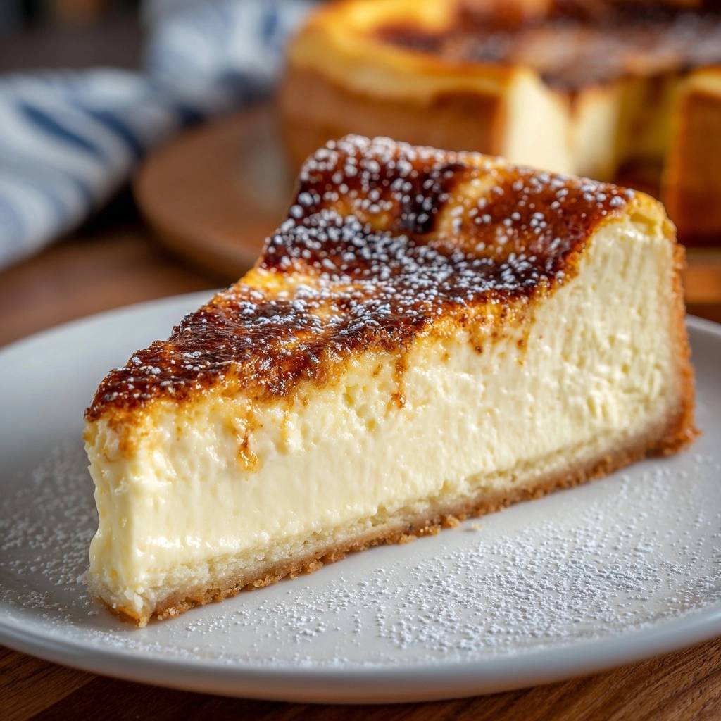 Classic New York Cheesecake, a thick slice served on a white plate and dusted with powdered sugar.
