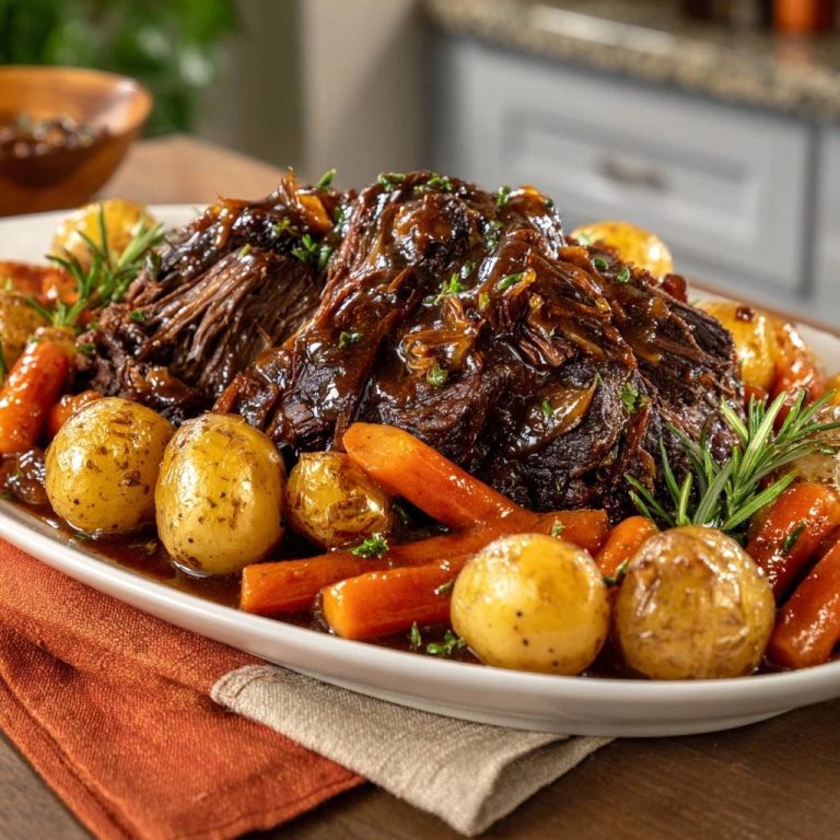 Classic pot roast served on a white platter with roasted potatoes and carrots, garnished with rosemary.
