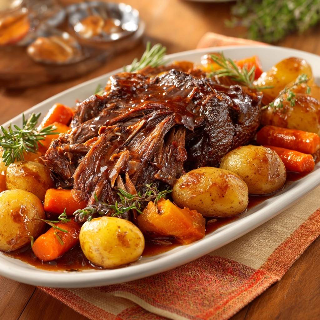 Classic pot roast with tender beef, served with roasted carrots and potatoes on a white platter.