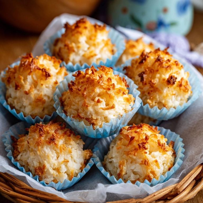 Coconut macaroons with a golden-brown toasted coconut texture, presented in blue cupcake liners.
