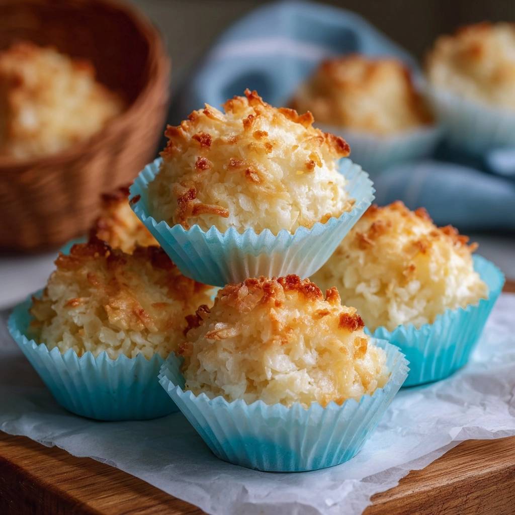 Coconut macaroons are stacked in blue paper liners, showcasing their chewy texture and golden-brown tops.