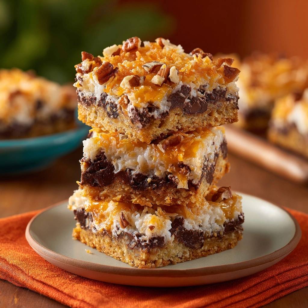 Coconut pecan chocolate magic bars with a crisp no-sog crust stacked on a plate.