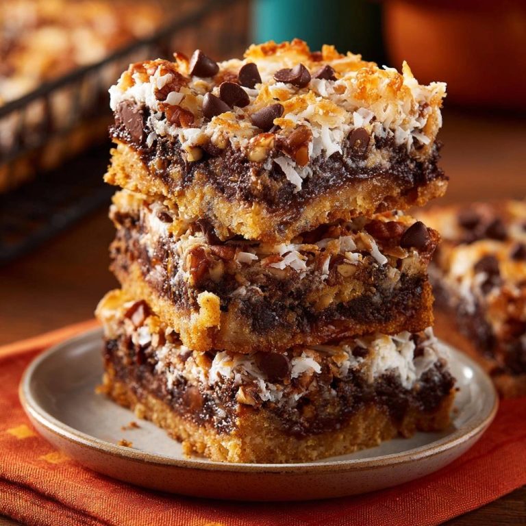 Coconut Pecan Chocolate Magic Bars with Crisp No-Sog Crust stacked on a plate, showcasing their layered texture.