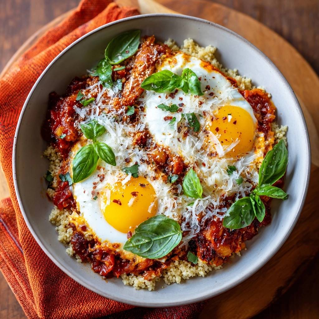 Couscous shakshuka with runny yolks and fresh basil garnish in a bowl, viewed from above.