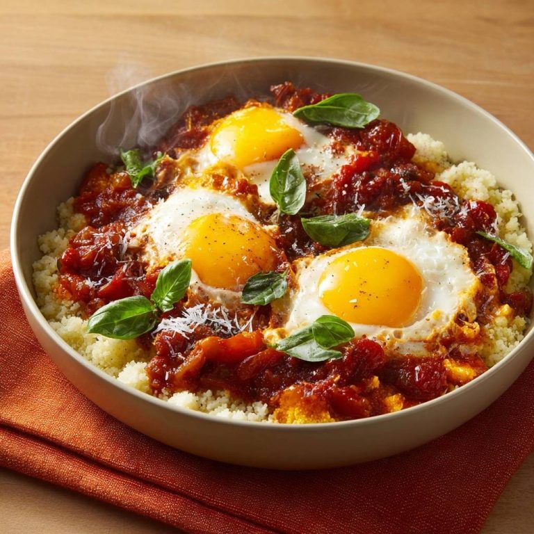 Couscous shakshuka with perfect runny yolks steaming in a rustic bowl, garnished with fresh basil.