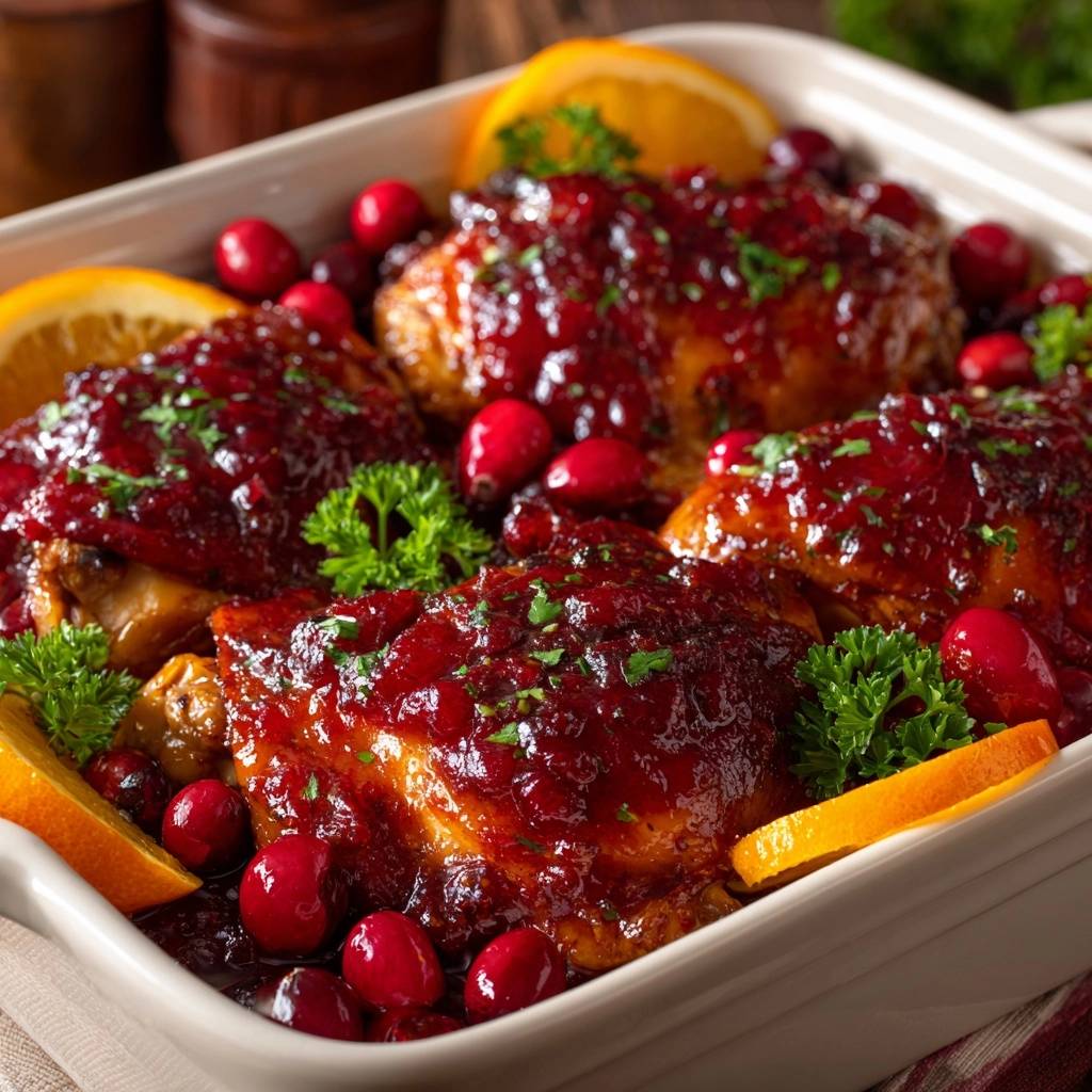 Cranberry orange glazed chicken thighs glistening with a rich sauce and garnished with fresh cranberries and parsley.