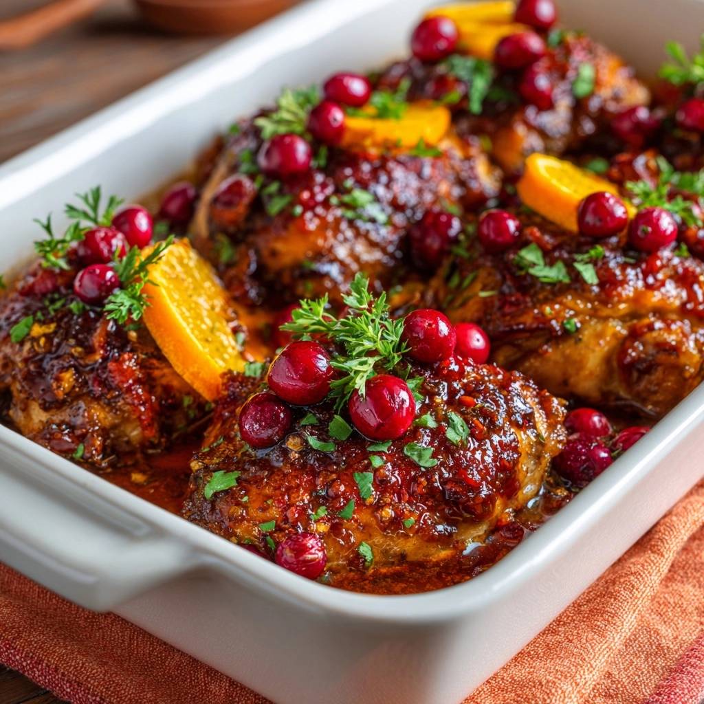Cranberry orange glazed chicken thighs garnished with fresh cranberries, orange slices, and parsley in a white baking dish.