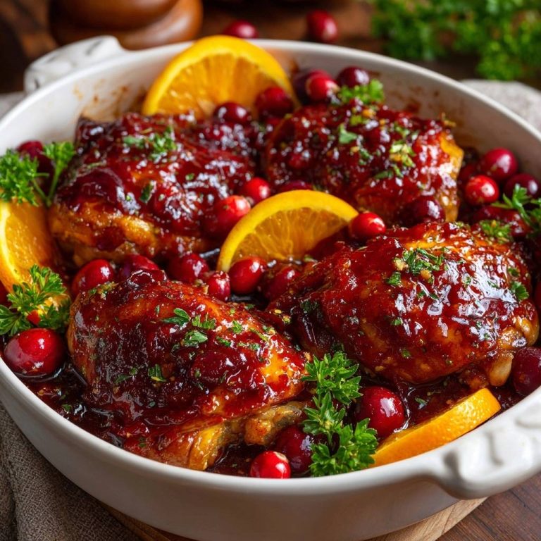 Cranberry orange glazed chicken thighs presented in a white baking dish, garnished with fresh cranberries and orange slices.