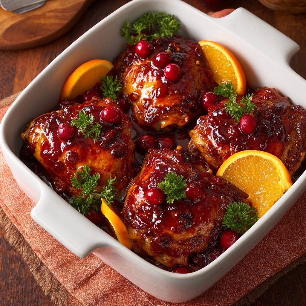 Cranberry orange glazed chicken thighs served in a white baking dish, garnished with fresh cranberries and parsley.