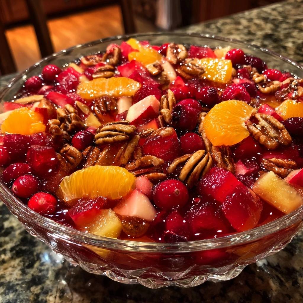 Cranberry orange pecan relish, a thick and glossy holiday essential, displayed in a crystal bowl showing its vibrant ingredients.